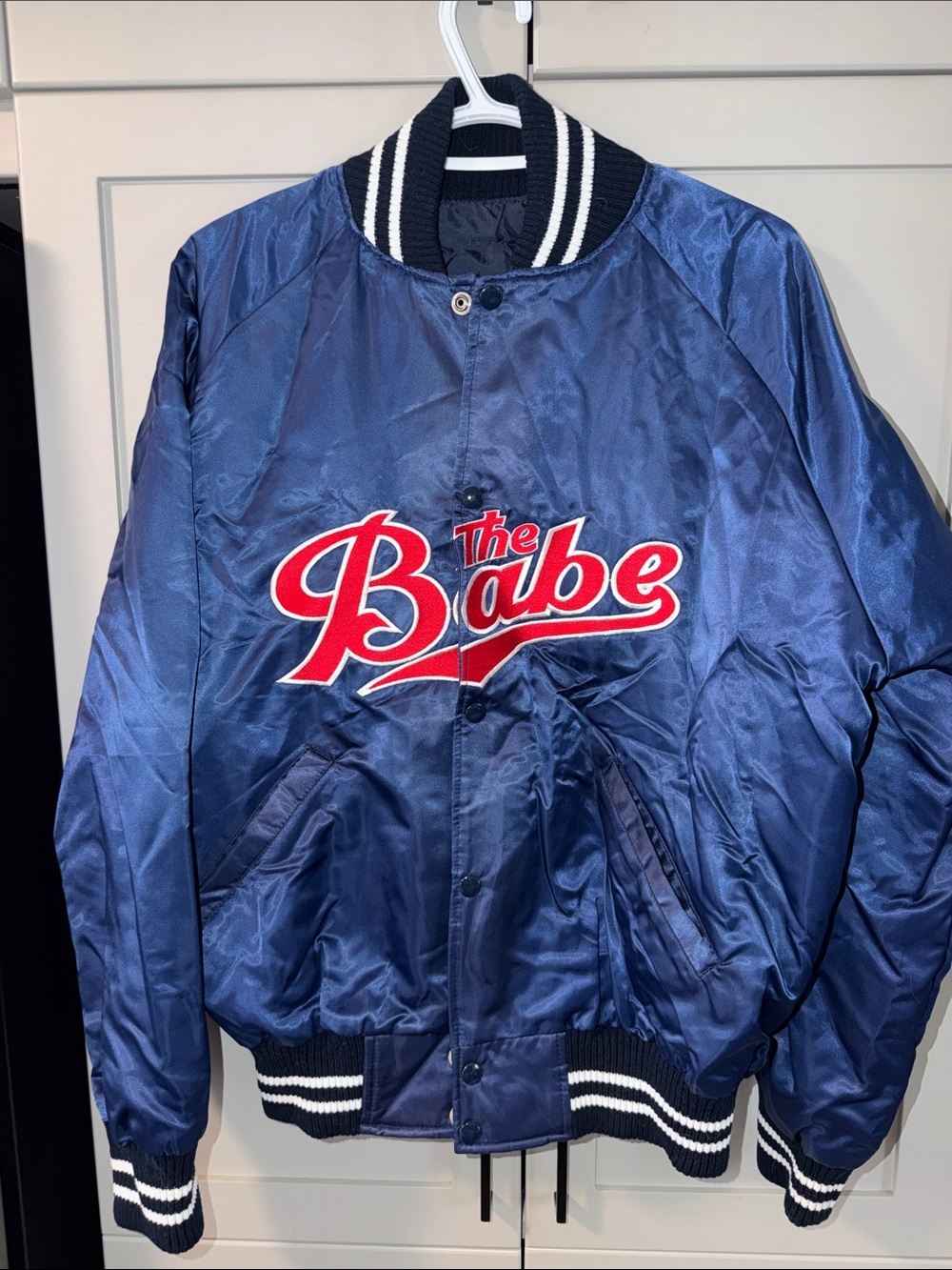 Navy 'The Babe' Satin Bomber Jacket - Movie Production Jacket